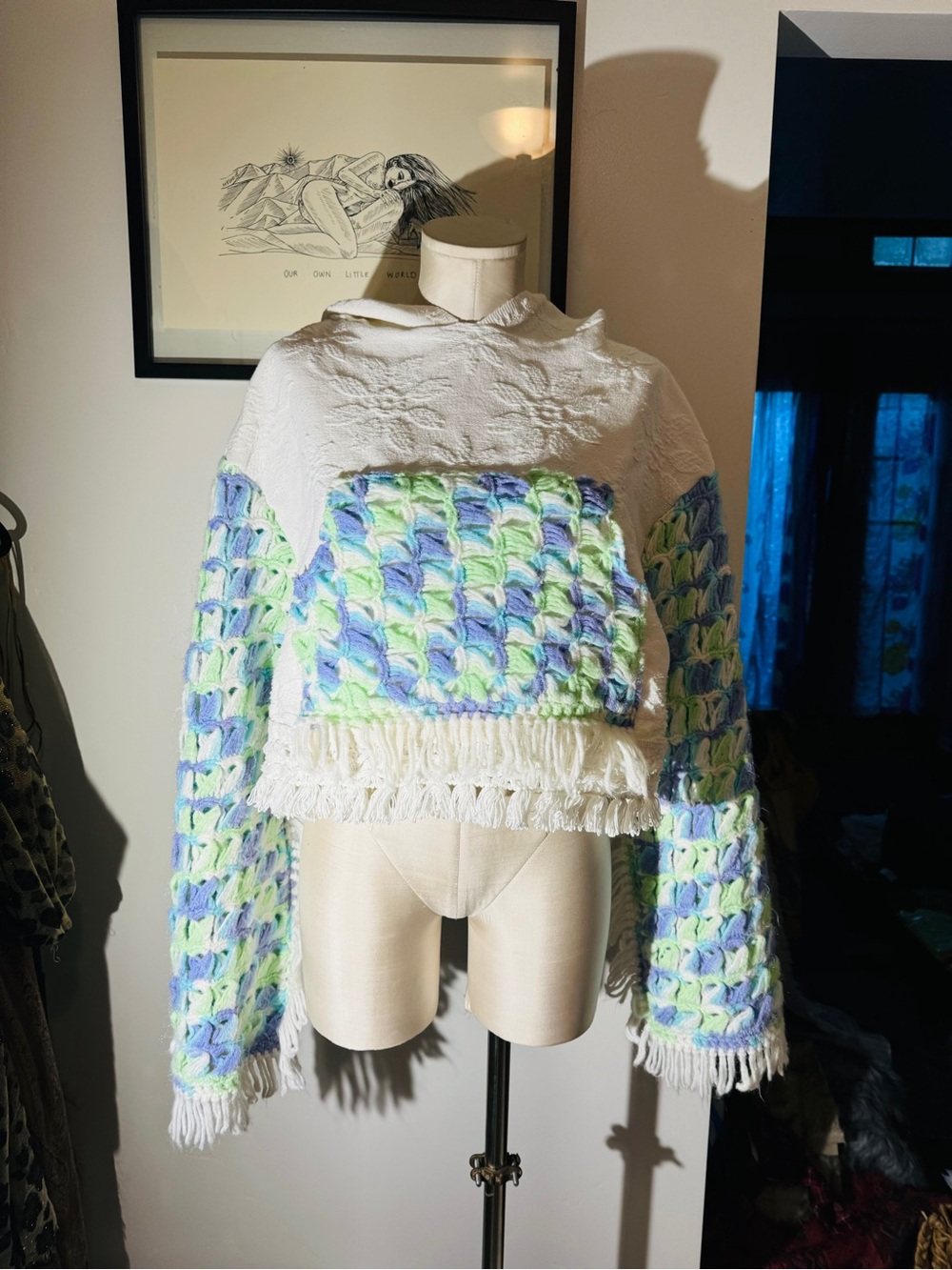 Handcrafted White & Pastel Cropped Fringe Hoodie